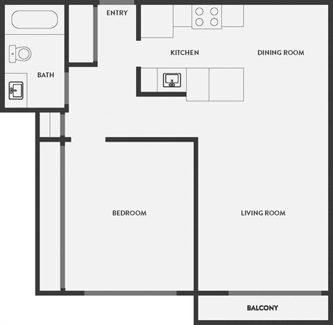 Floor plan for 1 bed, 1 bath, 677 sqft